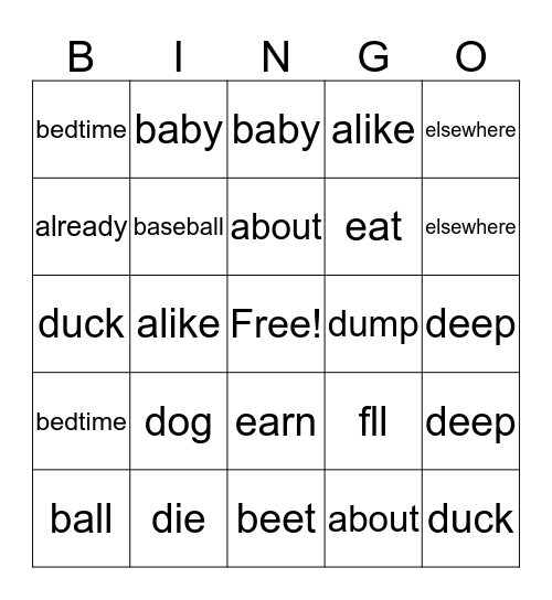 Spelling Bingo Card