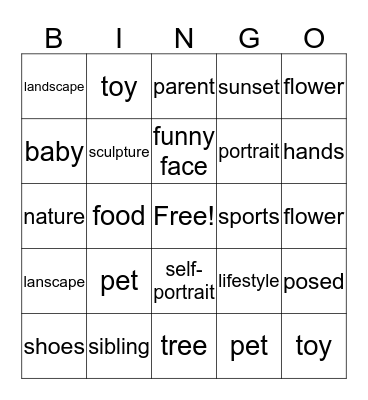 Photography Bingo for Kids Bingo Card