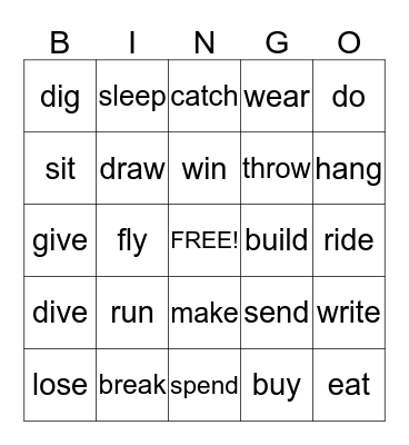 Irregular Verbs Bingo Card