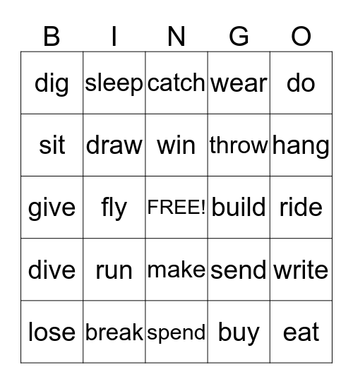 Irregular Verbs Bingo Card