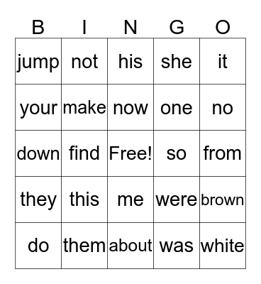 Kinder Sight Words Bingo Card