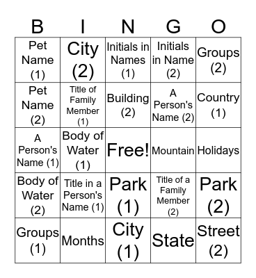 Capitalization Bingo Card