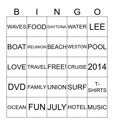 LEE-WESTON FAMILY REUNION 2014 Bingo Card