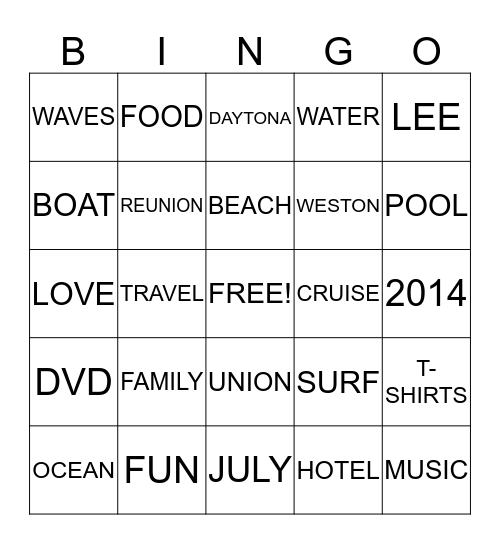 LEE-WESTON FAMILY REUNION 2014 Bingo Card