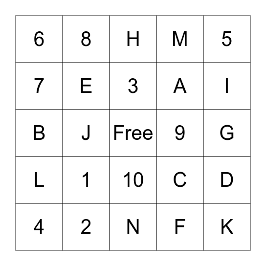 Numbers Bingo Card