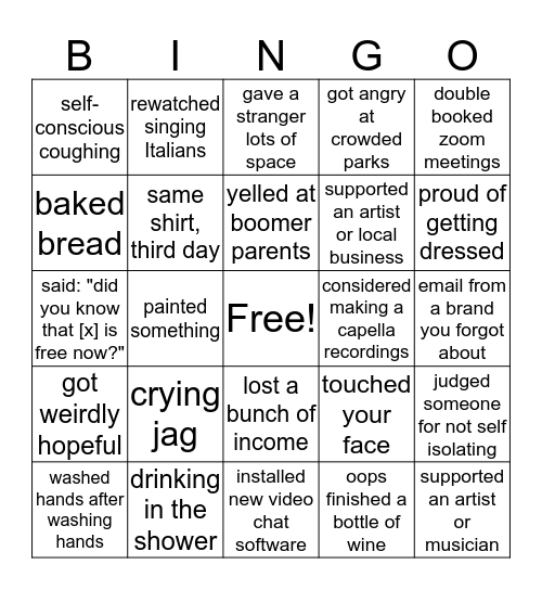 COVID 19 Bingo Card