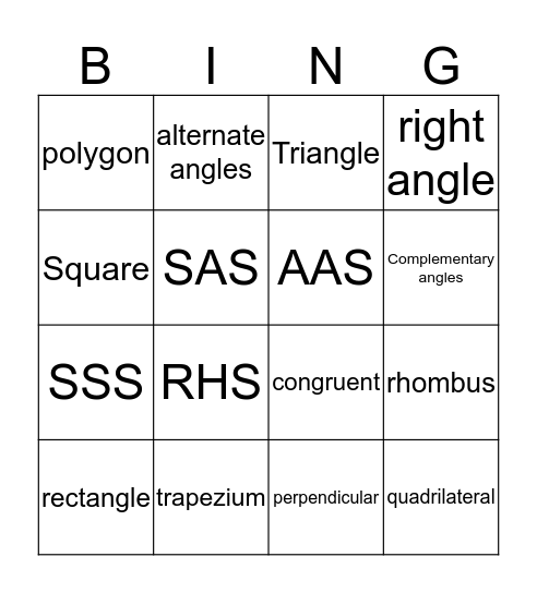 Geometry Bingo Card