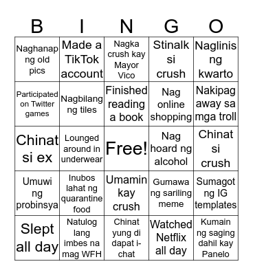 COVID-19 Quarantine Bingo Card