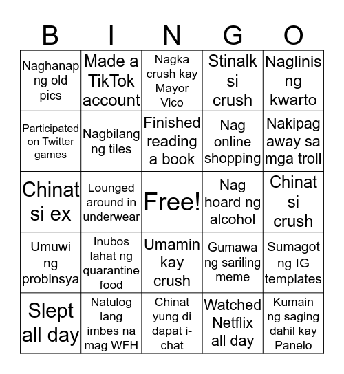 COVID-19 Quarantine Bingo Card