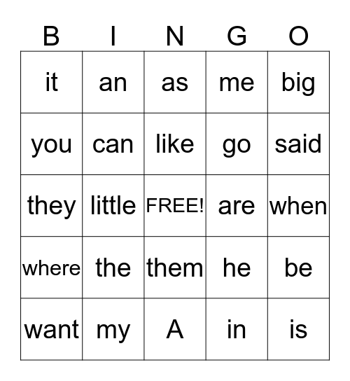 Kindergarten Sight Word Bingo Card