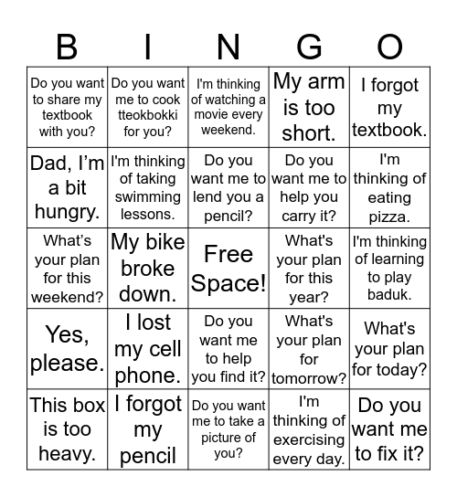 Lesson 1: Listen and Speak Bingo Card