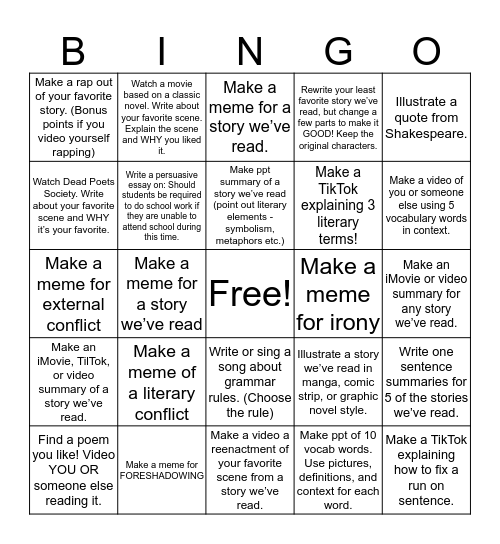 Literary  Bingo Card