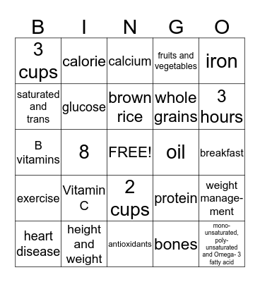 Nutrition BINGO Card