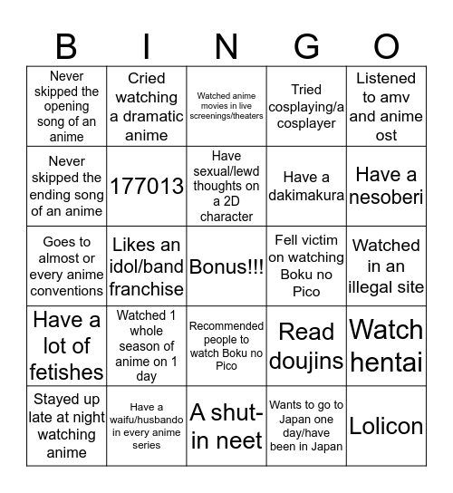 How much of a WEEB are you? Bingo Card