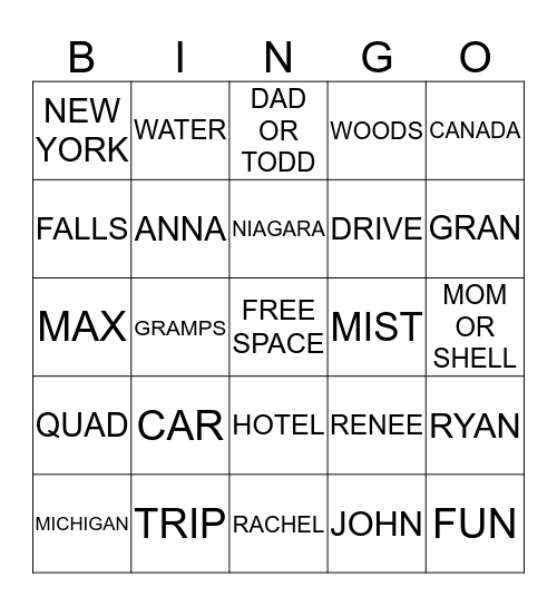 VACATION BINGO Card