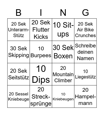 ERG Fitness Bingo Card
