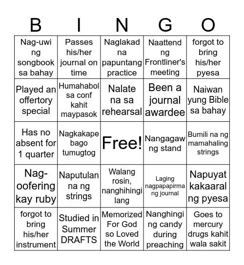 Musician sa SPL Bingo Card