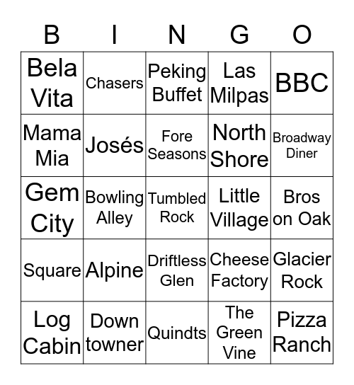 Dining Bingo Card