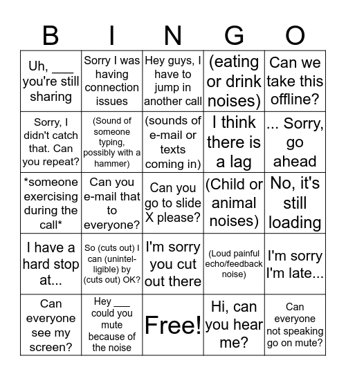 Video call bingo Card