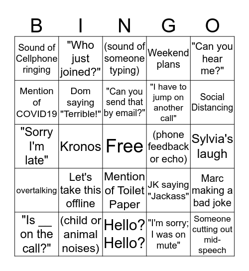 COVID-19 Conference Call Bingo Card