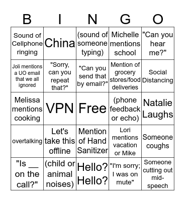 COVID-19 Conference Call Bingo Card