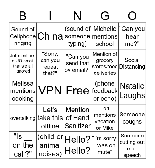 COVID-19 Conference Call Bingo Card