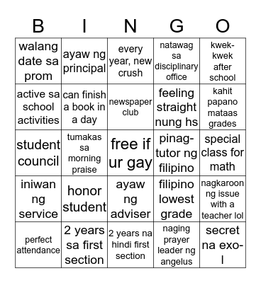 dean bingo (hs edition) Bingo Card