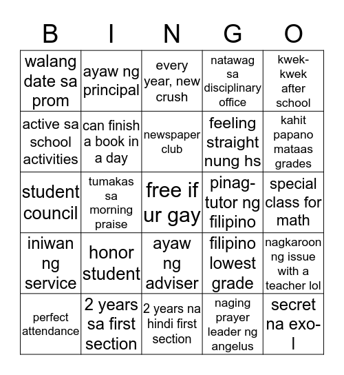 dean bingo (hs edition) Bingo Card