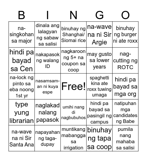 SLSU Lucena Bingo Card