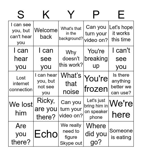 The Skype Game Bingo Card