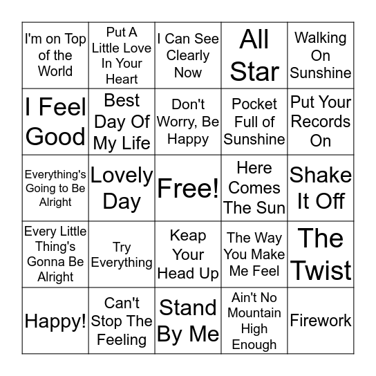 Positive Music Bingo Card