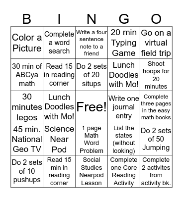 School Day Bingo Card