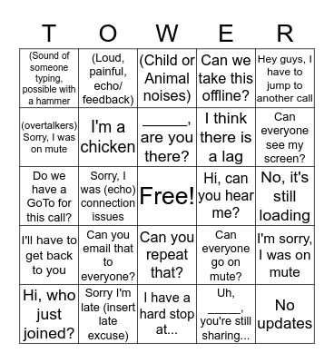 Tower Hill Conference Call Bingo Card