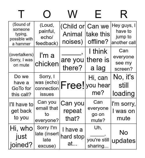 Tower Hill Conference Call Bingo Card