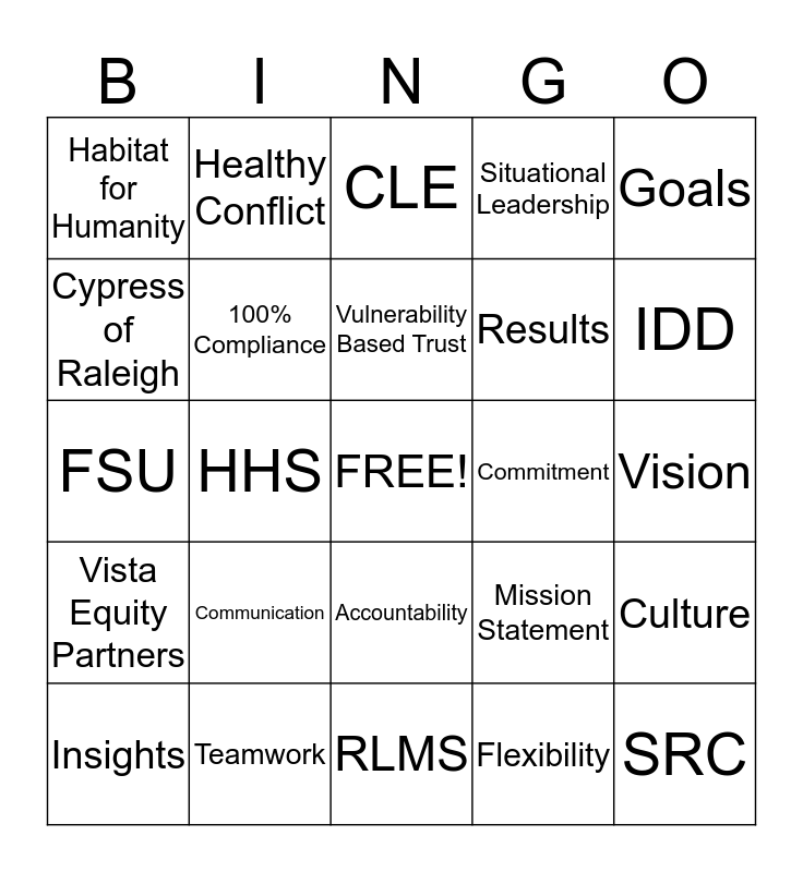 Corporate Boot Camp Bingo Card