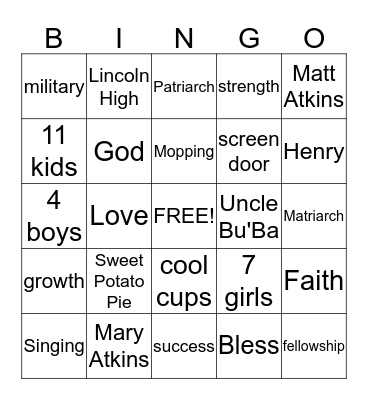 Atkins Family Bingo Card