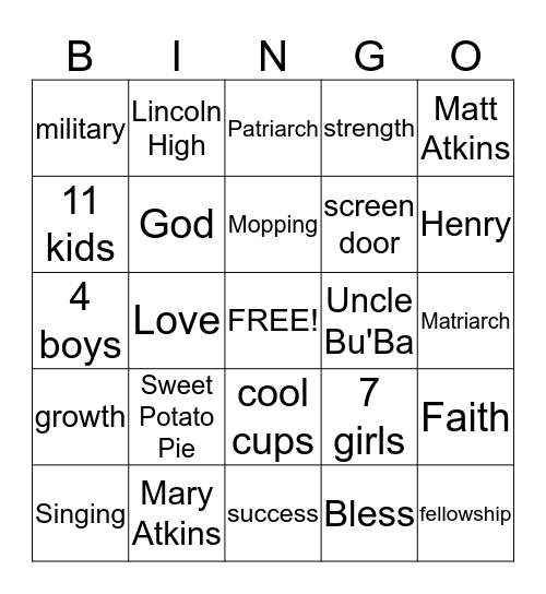 Atkins Family Bingo Card