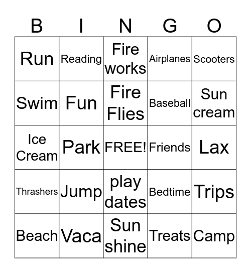 James's Summer Bingo Game Bingo Card