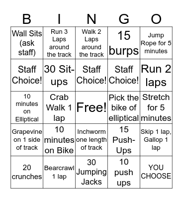 Fitness Bingo  Bingo Card