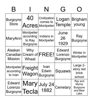 Abbreviated Burgoyne History Bingo Card