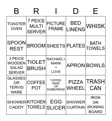 Rachael's Wedding Shower Bingo Card