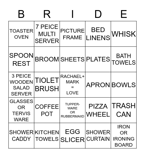 Rachael's Wedding Shower Bingo Card