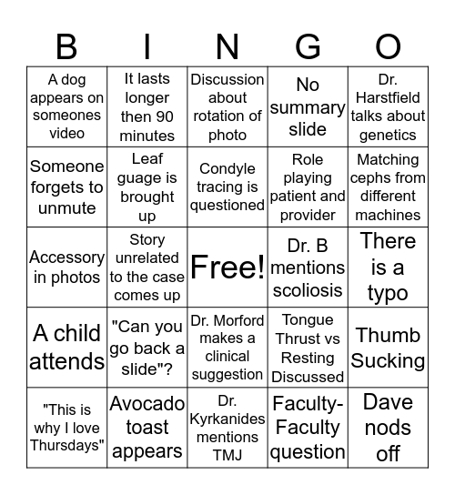 Case Conference Bingo Card