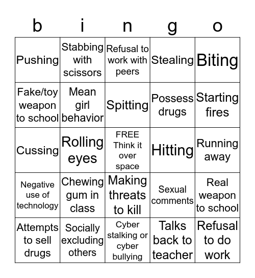 Bad Behavior Bingo Card
