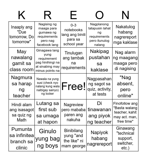 Kreon Bingo Low quality Bingo Card