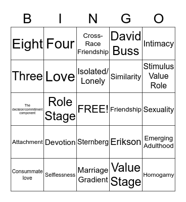 Relationships  Bingo Card