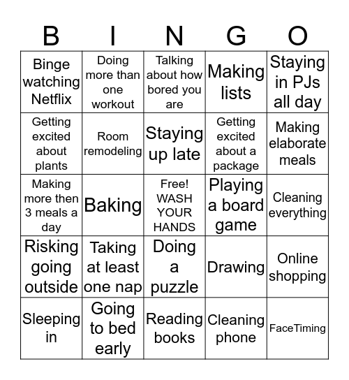 Apartment Quarantine Bingo Card