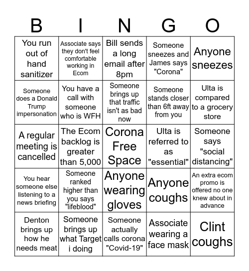 Ulta Corona Bingo Wk 1 Bingo Card