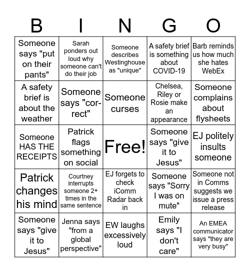 Comms Bingo Card