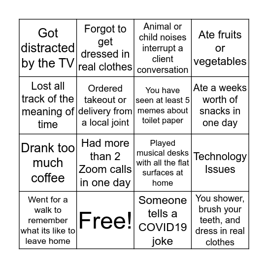 Connect to Care WFH Bingo! Bingo Card